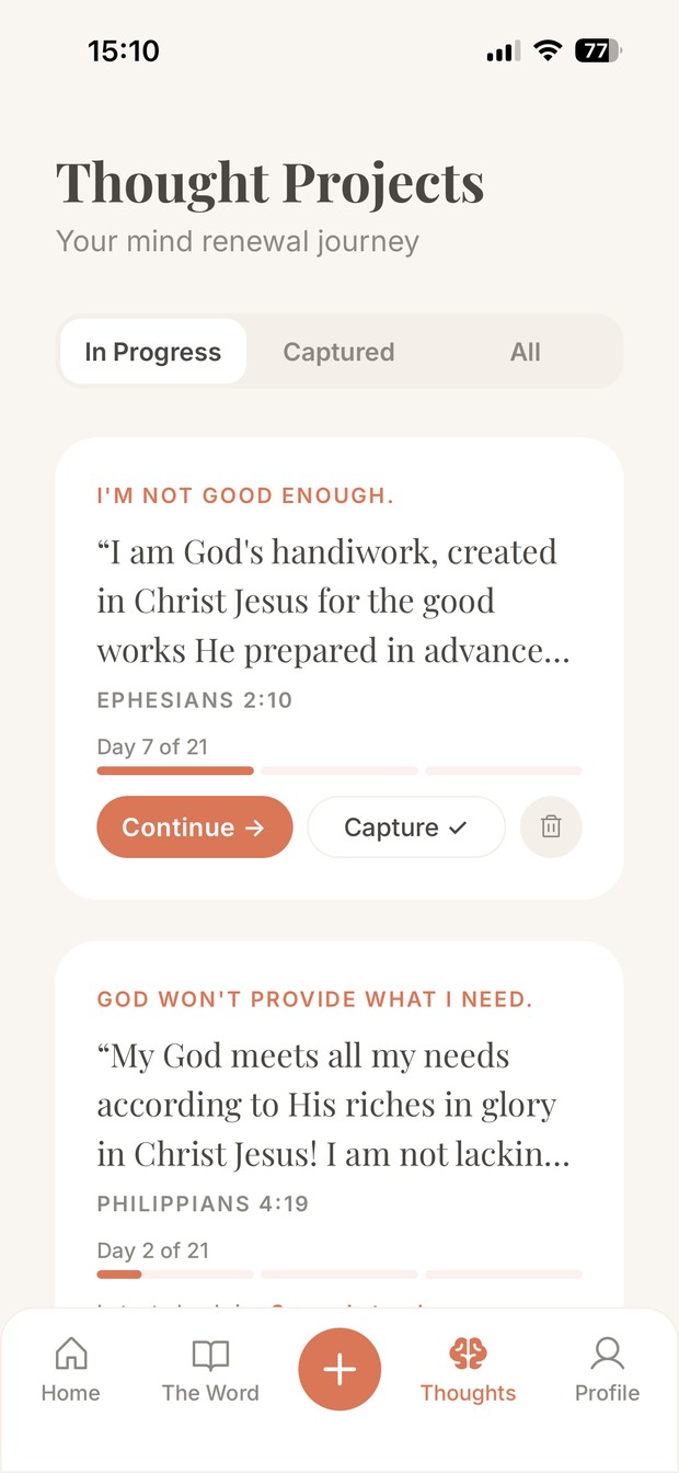 The Thought Projects screen, tracking beliefs being renewed day by day
