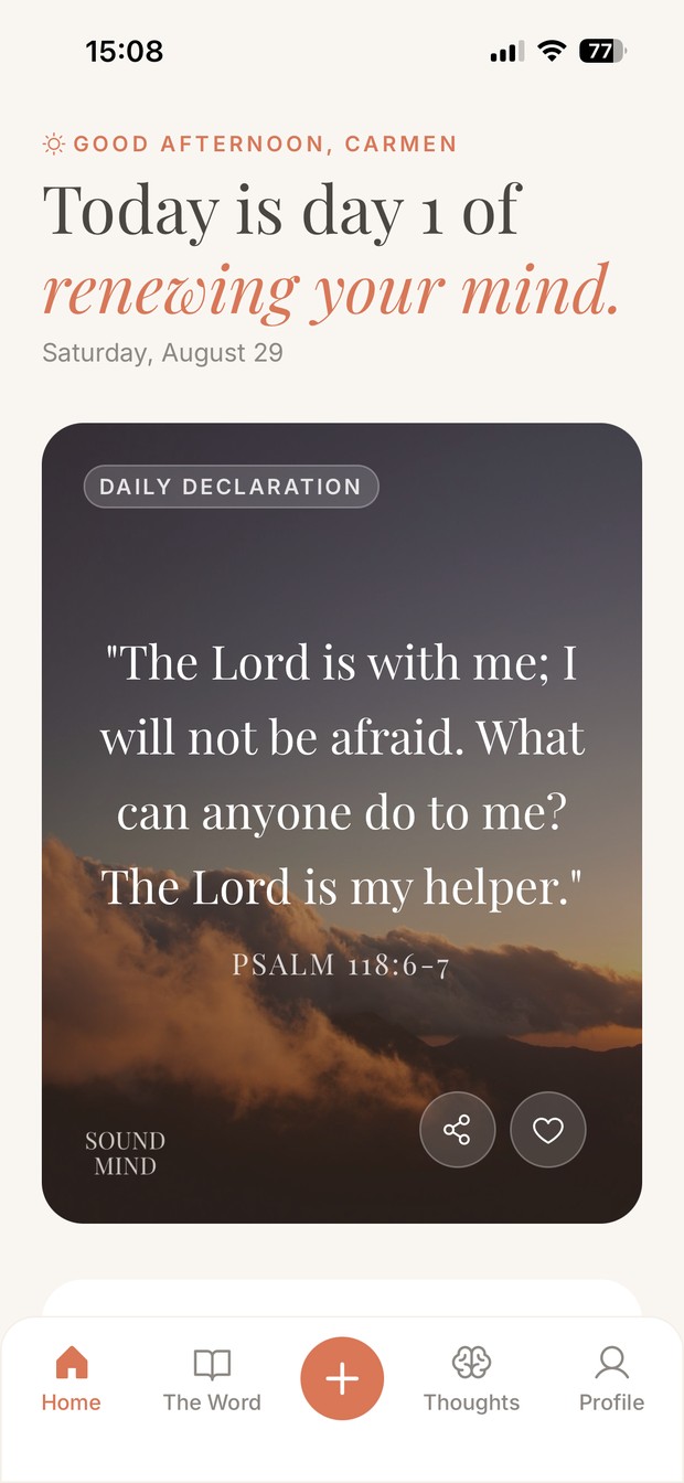 The Home screen with today's daily declaration